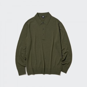 Polo Uniqlo 100pct Extra Fine Merino Knitted Long Sleeved Polo Shirt Homme Vert Olive | 7519-ELSVT