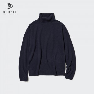 Pulls Uniqlo 100pct Cashmere 3d Knit Seamless Turtleneck Jumper Femme Bleu Marine | 5328-RQJZO
