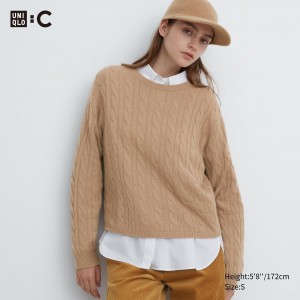 Pulls Uniqlo 100pct Cashmere Cable Knit Crew Neck Cropped Jumper Femme Beige | 1302-YIAUF