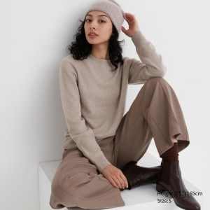 Pulls Uniqlo 100pct Cashmere Crew Neck Jumper Femme Beige | 2597-COVSB