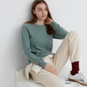 Pulls Uniqlo 100pct Cashmere Crew Neck Jumper Femme Vert | 3508-FDYMT