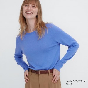 Pulls Uniqlo 100pct Extra Fine Merino Crew Neck Jumper Femme Bleu | 6704-URKWG