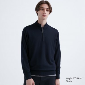 Pulls Uniqlo 100pct Extra Fine Merino Half Zipped Jumper Homme Bleu Marine | 6273-WUALS
