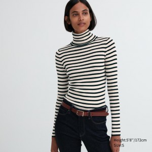 Pulls Uniqlo 100pct Extra Fine Merino Ribbed Striped Turtleneck Jumper Femme Blanche | 2801-BOYRJ