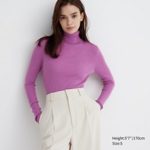 Pulls Uniqlo 100pct Extra Fine Merino Ribbed Turtleneck Jumper Femme Violette | 5241-AYEZT