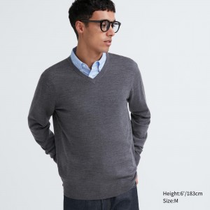 Pulls Uniqlo 100pct Extra Fine Merino V Neck Jumper Homme Grise | 6402-HXABK