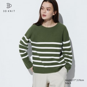 Pulls Uniqlo 3d Knit Seamless Cotton Striped Crew Neck Jumper Femme Vert Olive | 2753-GXPUD