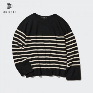 Pulls Uniqlo 3d Knit Seamless Cotton Striped Crew Neck Jumper Femme Noir | 0397-PXNBQ