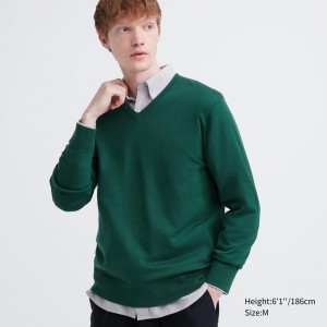 Pulls Uniqlo Extra Fine Merino V Neck Jumper Homme Vert | 4578-AXMSE
