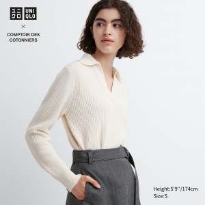 Pulls Uniqlo Lambswool Knitted Polo Femme Blanche | 0145-YDXBR