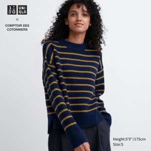 Pulls Uniqlo Lambswool Striped Jumper Femme Bleu Marine | 5471-EGXQL