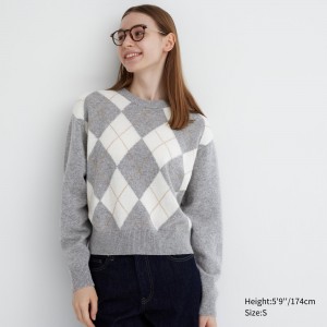 Pulls Uniqlo Premium Lambswool Argyle Crew Neck Jumper Femme Grise Clair | 1970-SDUIA
