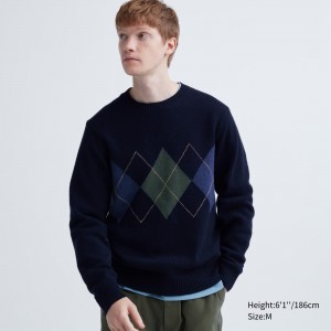 Pulls Uniqlo Premium Lambswool Argyle Crew Neck Jumper Homme Bleu Marine | 9768-OUCBM