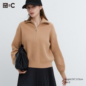 Pulls Uniqlo Premium Lambswool Half Zipped Jumper Femme Beige | 0274-RXWPH