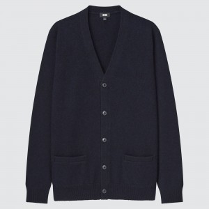 Pulls Uniqlo Premium Lambswool V Neck Cardigan 2021 Season Homme Bleu Marine | 3582-IKZUH