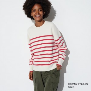 Pulls Uniqlo Smooth Cotton Relaxed Fit Striped Crew Neck Jumper Femme Rouge | 3076-PMFDH