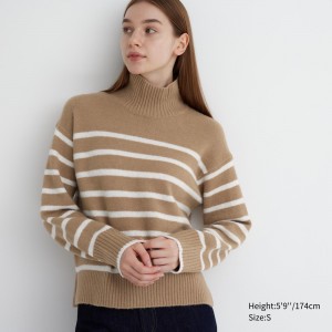 Pulls Uniqlo Souffle Yarn Striped High Neck Jumper Femme Beige | 4293-BREWX
