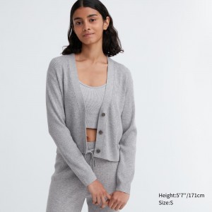 Pulls Uniqlo Washable Knit Ribbed Cardigan Femme Grise | 3019-JPQDK