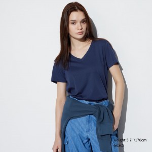 T Shirts Uniqlo 100pct Supima Cotton V Neck Short Sleeved T-Shirt Femme Bleu | 3912-JYSKW