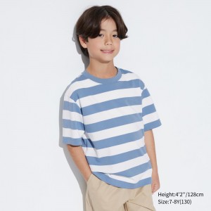 T Shirts Uniqlo Airism Cotton Striped Crew Neck Short Sleeved T-Shirt Enfant Bleu | 1803-YLPFG