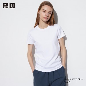 T Shirts Uniqlo Crew Neck Short Sleeved T-Shirt Femme Blanche | 8269-SWYQA