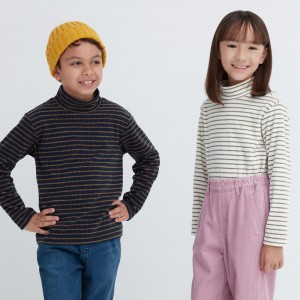 T Shirts Uniqlo Fleece Ribbed Striped High Neck Long Sleeved T-Shirt Enfant Bleu Marine | 1685-VFYXG