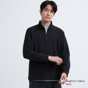 T Shirts Uniqlo Fleece Stretch Half Zipped Long Sleeved T-Shirt Homme Noir | 0972-HSNIK