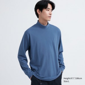 T Shirts Uniqlo Fleece Stretch Mock Neck Long Sleeved T-Shirt Homme Bleu | 2148-TJDYB