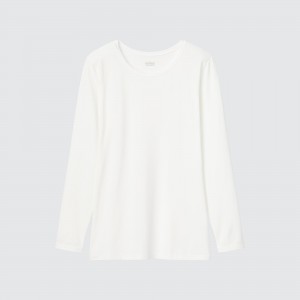 T Shirts Uniqlo Heattech Crew Neck Long Sleeved Thermal Top Femme Blanche | 3549-IKDHR