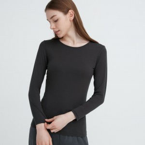 T Shirts Uniqlo Heattech Crew Neck Long Sleeved Thermal Top Femme Grise Foncé | 0645-CSMEY