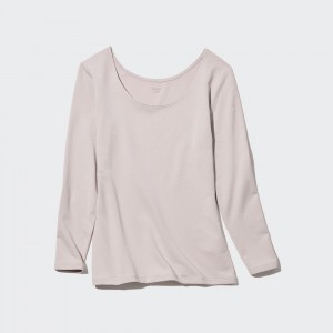 T Shirts Uniqlo Heattech Extra Warm Cotton Scoop Neck Long Sleeved Thermal Top Femme Grise Clair | 9187-PZLIG