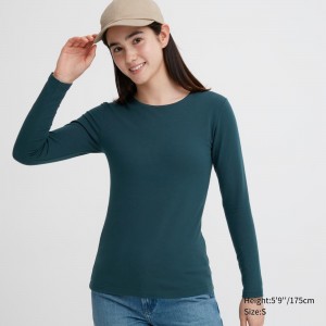 T Shirts Uniqlo Heattech Extra Warm Cotton Crew Neck Long Sleeved Thermal Top Femme Vert Foncé | 9762-TRYUP