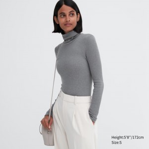 T Shirts Uniqlo Heattech Extra Warm Seamless Ribbed Turtleneck Long Sleeved Thermal Top Femme Grise | 4135-KSAJD