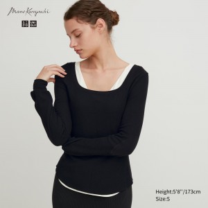 T Shirts Uniqlo Heattech Extra Warm Waffle Square Neck Long Sleeved Thermal Top Femme Noir | 7152-MRJWT