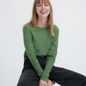 T Shirts Uniqlo Heattech Fleece Crew Neck Long Sleeved Thermal Top Femme Vert | 2356-KBVFY
