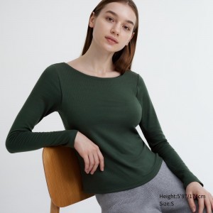 T Shirts Uniqlo Heattech Ribbed Scoop Neck Long Sleeved Thermal Bra Top Femme Vert Foncé | 1932-JRQBO