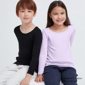 T Shirts Uniqlo Heattech Scoop Neck Long Sleeved Thermal Top Enfant Noir | 4385-VHADQ
