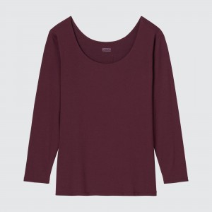 T Shirts Uniqlo Heattech Scoop Neck Long Sleeved Thermal Top Femme Bordeaux | 0769-VEHKR