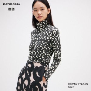 T Shirts Uniqlo Heattech Swirl Print Turtleneck Long Sleeved Thermal Top Femme Noir | 3517-GAOBN