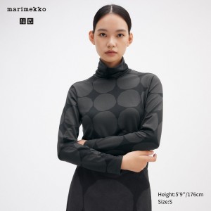 T Shirts Uniqlo Heattech Turtleneck Dot Print Turtleneck Long Sleeved Thermal Top Femme Grise Foncé | 4081-XCIAK