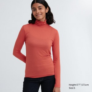 T Shirts Uniqlo Heattech Ultra Light Turtleneck Long Sleeved Thermal Top Femme Orange | 5063-PZLFW