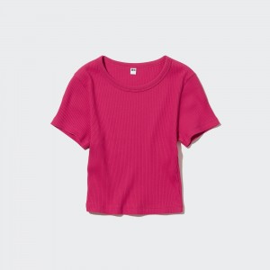 T Shirts Uniqlo Ribbed Cropped Crew Neck T-Shirt Femme Rose | 7629-ABYRW