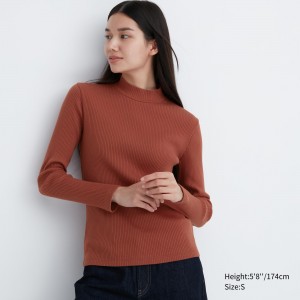 T Shirts Uniqlo Ribbed High Neck Long Sleeved T-Shirt Femme Orange Foncé | 5920-QAONP