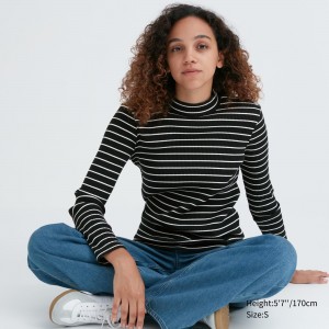 T Shirts Uniqlo Ribbed Striped High Neck Long Sleeved T-Shirt Femme Noir | 9701-GXMLE