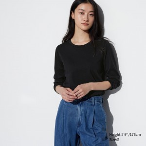 T Shirts Uniqlo Smooth Cotton Stretch Crew Neck Long Sleeved T-Shirt Femme Noir | 5264-QBPJY