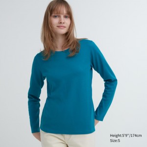 T Shirts Uniqlo Smooth Cotton Stretch Crew Neck Long Sleeved T-Shirt Femme Vert | 0973-DSEAB