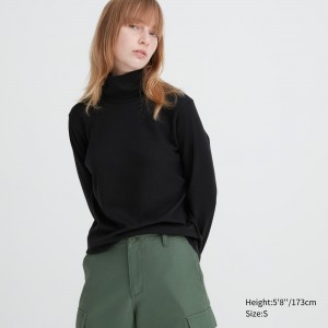 T Shirts Uniqlo Smooth Cotton Stretch Turtleneck Long Sleeved Top Femme Noir | 7435-HNIJQ