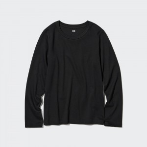 T Shirts Uniqlo Smooth Stretch Cotton Crew Neck Long Sleeved Top Femme Noir | 0273-MCJIW