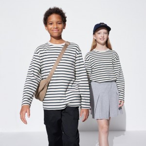 T Shirts Uniqlo Soft Brushed Coton Rayé Crew Neck Long Sleeved T-Shirt Enfant Blanche | 5482-XRIYV