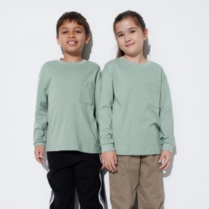 T Shirts Uniqlo Soft Brushed Cotton Crew Neck Long Sleeved T-Shirt Enfant Vert | 5329-FZEYI